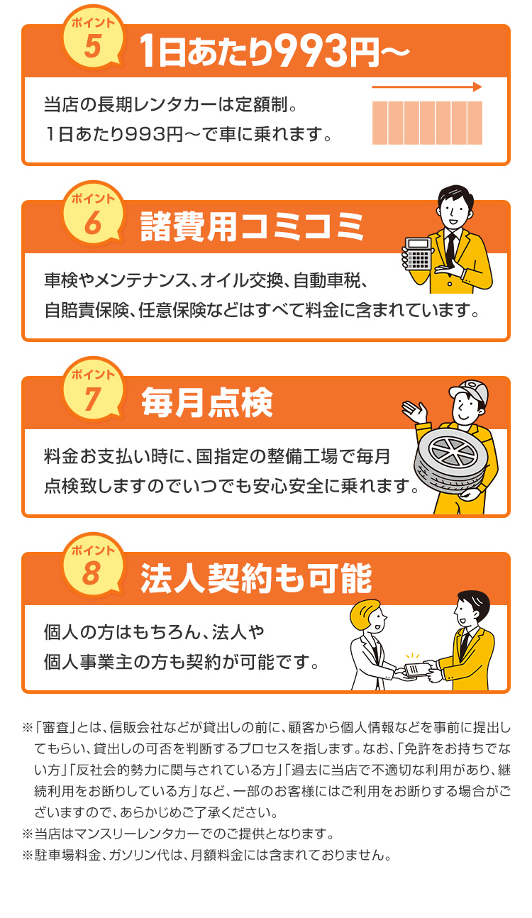 1日あたり993円から　諸費用コミコミ　毎月点検　法人契約も可能